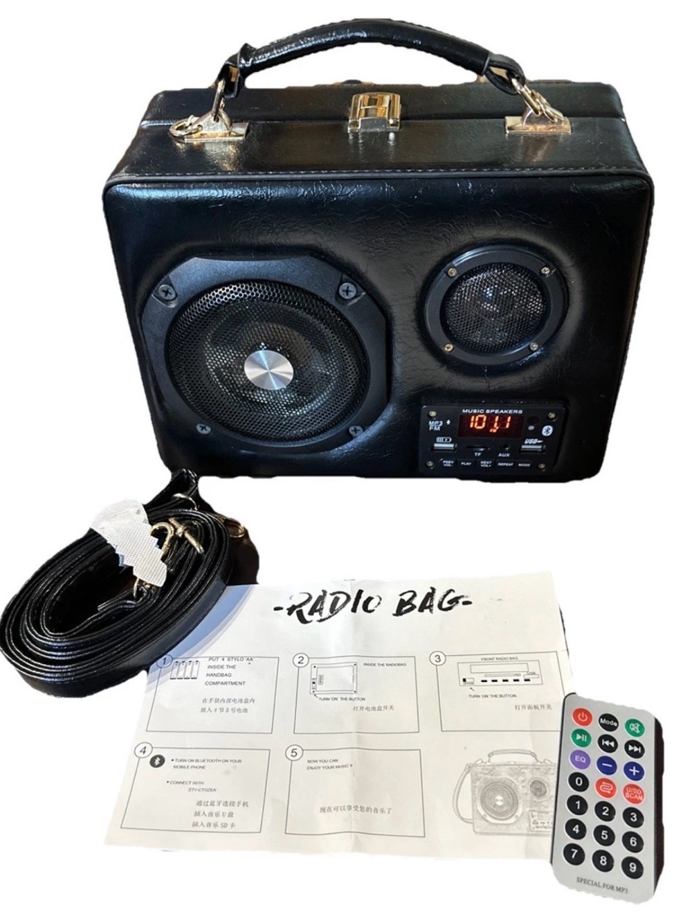 Black Portable Bluetooth Speaker FM Radio Boombox Goth Emo RockABilly Purse Tote
